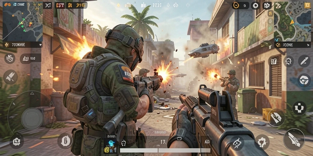 Screenshot dari gameplay intens dalam 7CONE yang menampilkan aksi tembak-menembak.