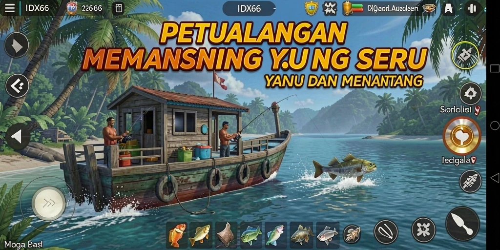 Tampilan seru gameplay memancing di IDX66 dengan ikan yang beragam.