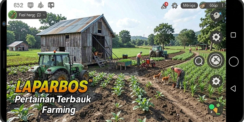 Tampilan gameplay LAPARBOS dengan aktivitas pertanian yang menarik.