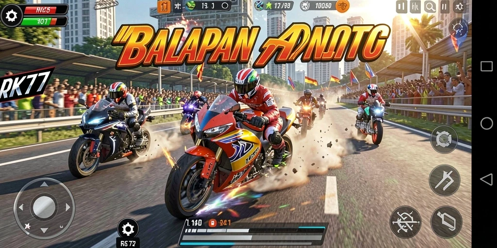 Tampilan gameplay RK77 yang mendebarkan dengan balapan motor cepat.