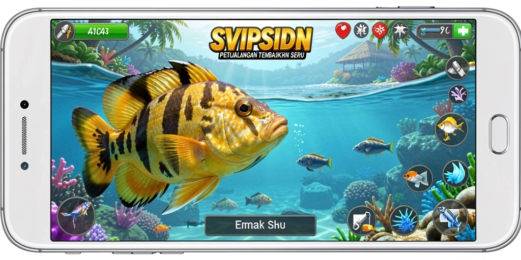Screenshot utama SVIPSIDN menampilkan aksi menangkap ikan yang seru.