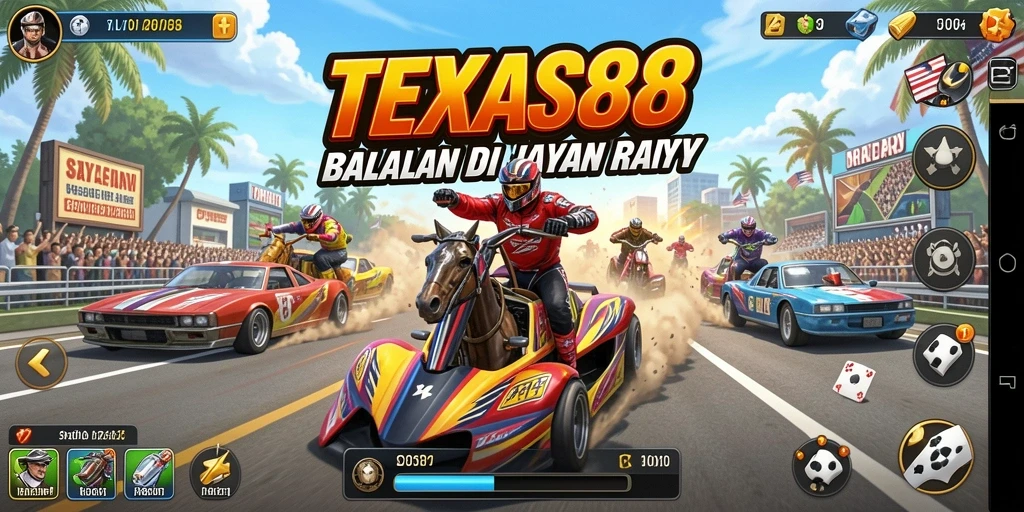 Gameplay seru TEXAS88 dengan mobil balap dan trek menakjubkan.
